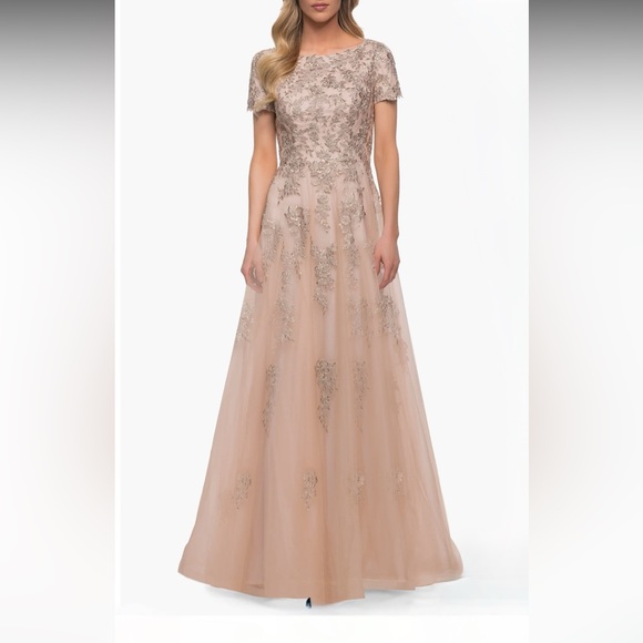 La Femme-A Line Tulle and Lace Gown with Short Sleeves - Picture 1 of 13